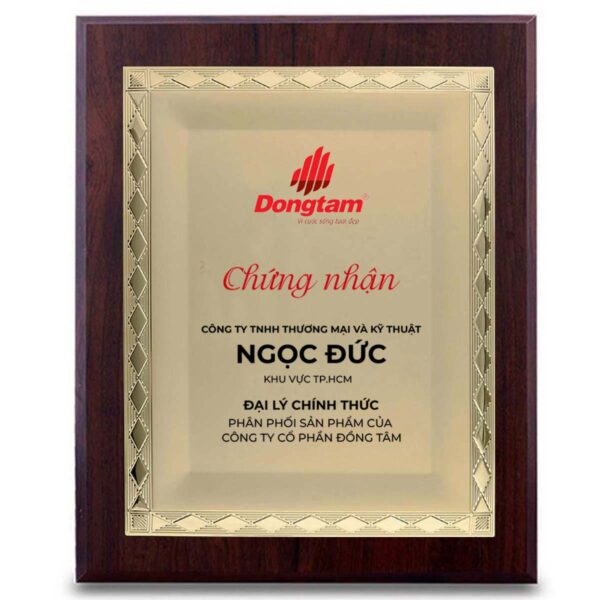 Bảng chứng nhận vinh danh vàng đại lý bán hàng đối tác kinh doanh