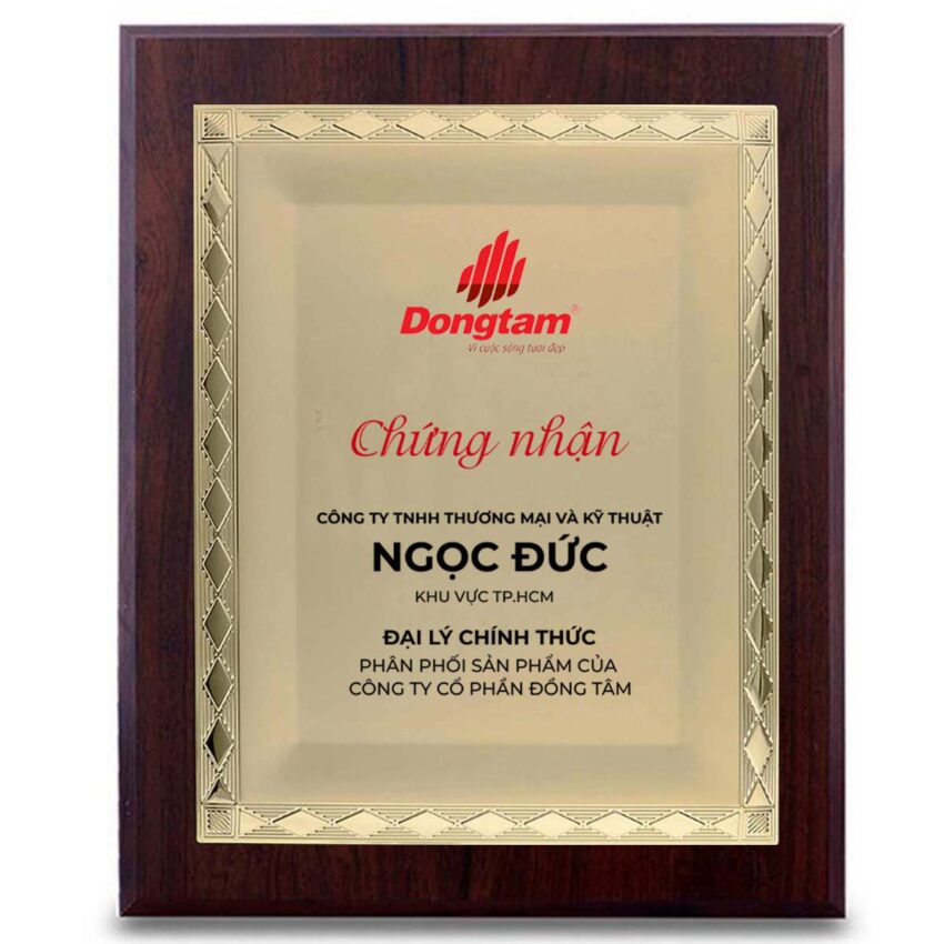 Bảng chứng nhận vinh danh vàng đại lý bán hàng đối tác kinh doanh