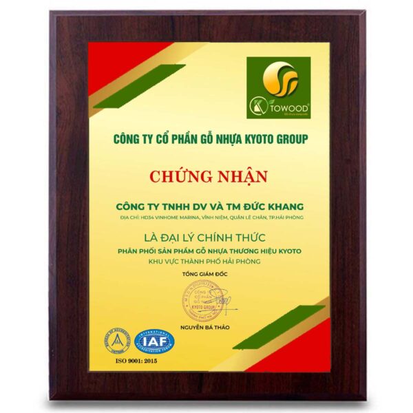Bảng chứng nhận vinh danh đối tác vàng